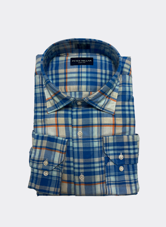 L Peter Millar Blue and Orange Plaid Shirt